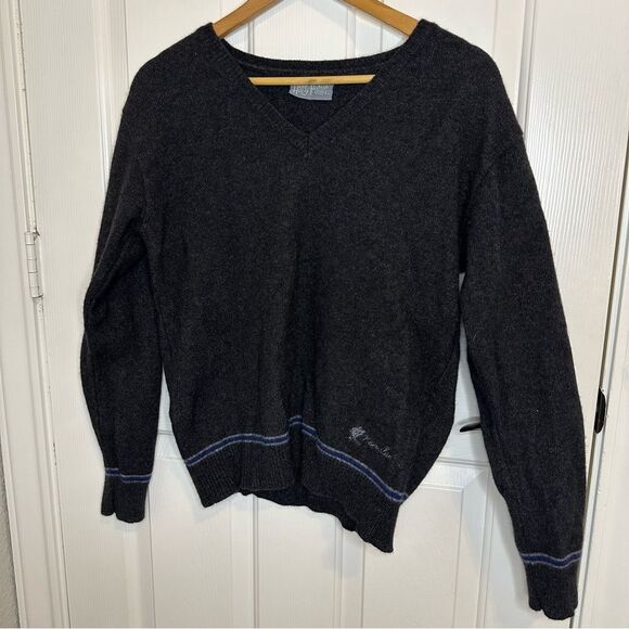 Harry Potter Heather Grey Blue Raven Claw Striped V-Neck Wool Blend Sweater Sz M - Picture 1 of 8